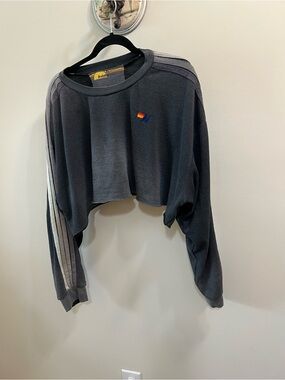 Aviator Nation Cropped Charcoal Sweatshirt with Shoulder Stripes Womens Size XL